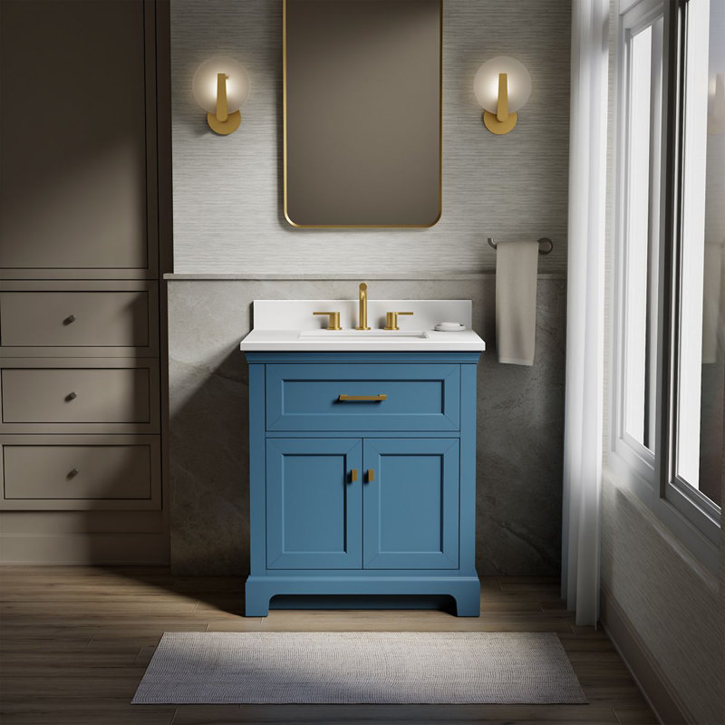 Charlemont Bathroom Vanity Cabinet With Sink And Quartz Top, Tidal Blue, Brushed Brass, 30"