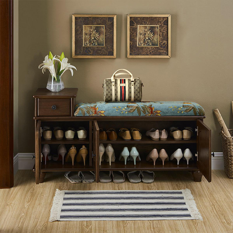 Blue Black Walnut Colour Solid Wood 100% Polyester Upholstered Bench, Black Walnut