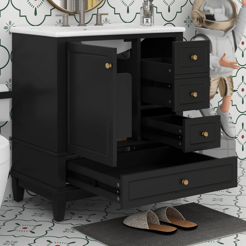 Ensemble de meuble-lavabo simple 30 po avec une porte et trois tiroirs, une armoire de rangement en bois massif de 30 po avec lavabo