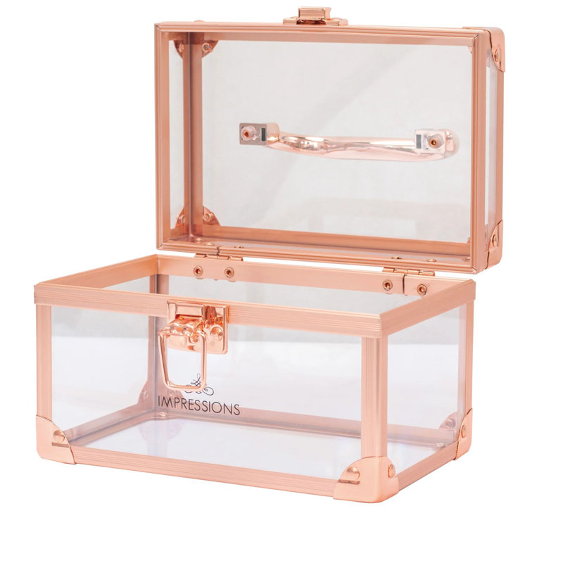 Petite valise Savvy avec panneaux transparents, boîte de maquillage de voyage compacte et bordure métallique, Or rose