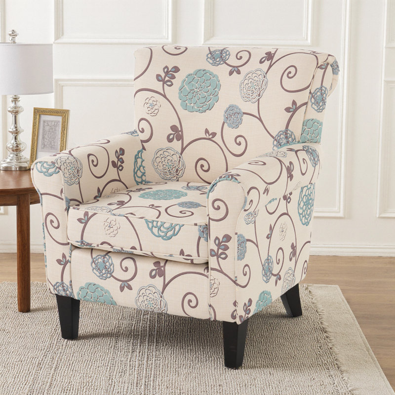 Fauteuil d'appoint décoratif, accoudoirs roulés classiques, tissu floral blanc et bleu