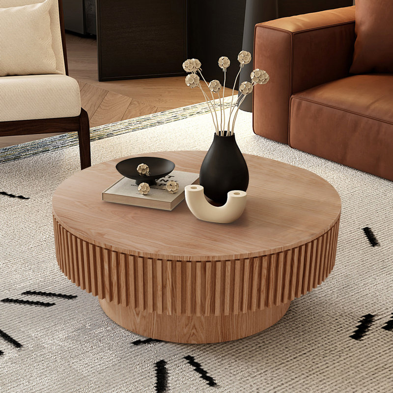 Round Coffee Table With Storage, Modern Coffee Table, 14" H x 31.5" L x 31.5" W, Natural Wood