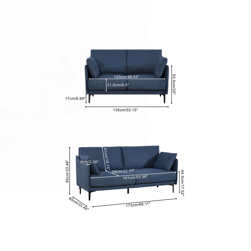 Canapé avec 2 coussins, pieds Metel, H 33,46 po x l 53,14 po x P 33,46 po, Bleu très foncé