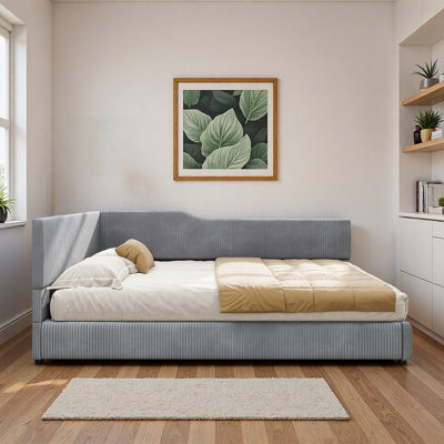 L-shaped Corduroy Daybed With Solid Frame And Striped Decoration