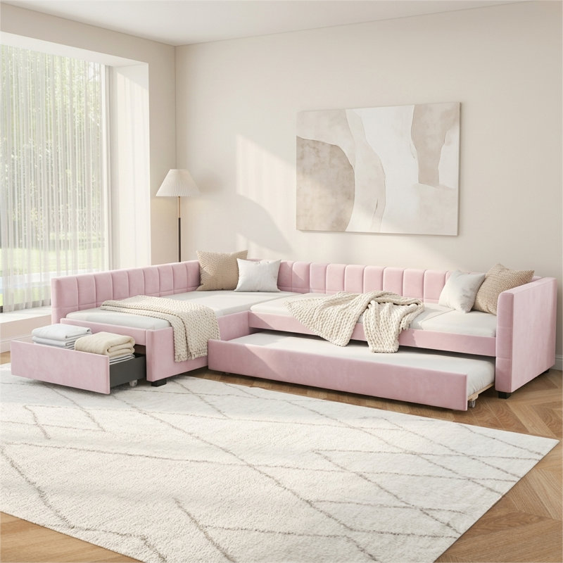Lit de jour rembourré en L avec lit gigogne coulissant et grand tiroir de rangement, canapé-lit multifonctionnel pour petits espaces, lit de jour capitonné moderne disponible en beige, gris et rose