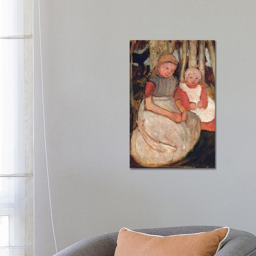 Two Seated Girls Before Birch Trunks (Zwei Sitzende Madchen Vor Birkenstammen), 1904 by Paula Modersohn-Becker - Wrapped Canvas Painting