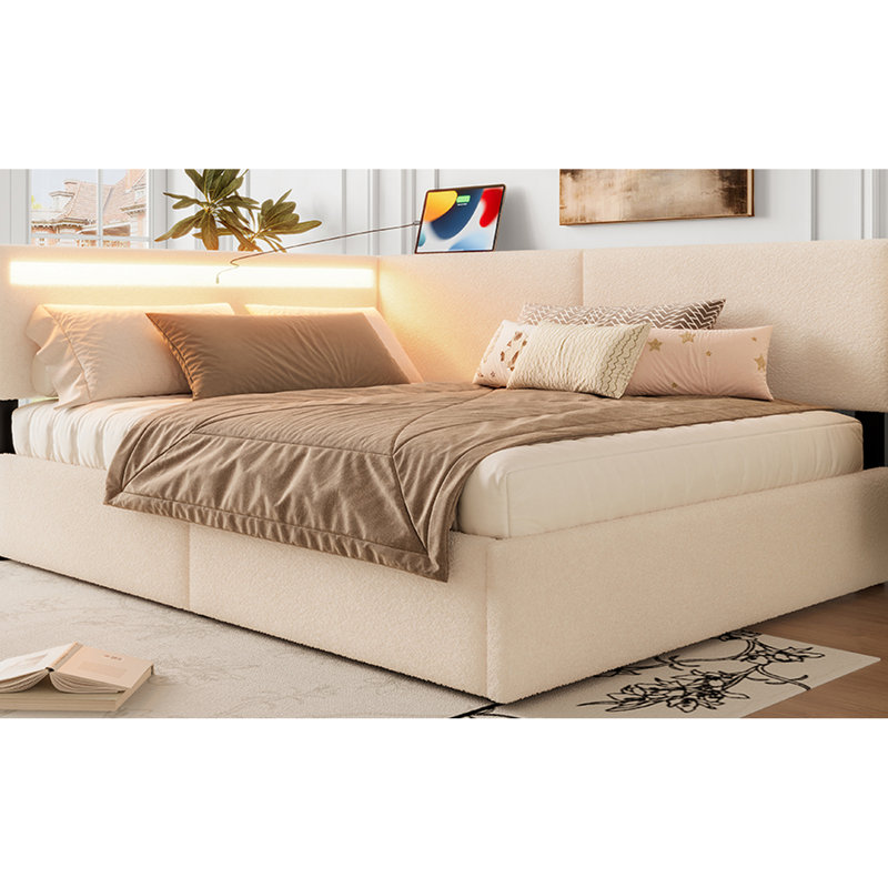 Beige Full Size Bed Frame With Headboard, 2 Storage Drawers, Charging, Mid - Century Inspired Look And Soft Fleece Upholstered Led , Foam Padded Arms
