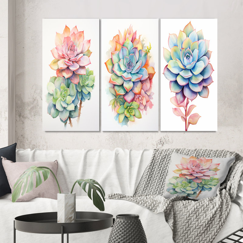 «Blossoming Succulent In Tender Retro Pink II», 3 pièces sur toile, Toile tendue, H 32 po x l 48 po
