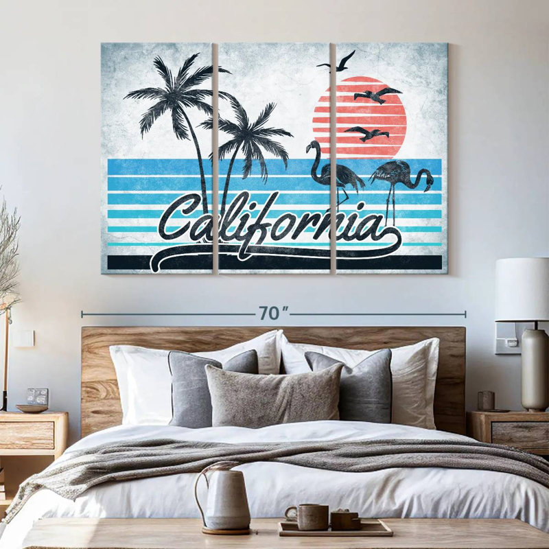 «Tropical Beach Retro California Sign», ensemble de 3 impressions sur toile par Retro Revival, H 42 po x l 65 po x P 1,25 po