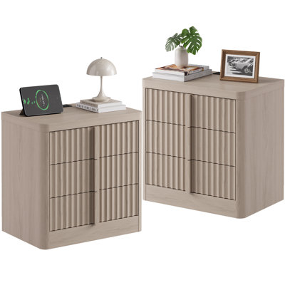 Fluted Nightstand Set Of 2 With Charging Station, 23.6" Bedside Table With 3 Storage Drawers, Wood Handle For Bedroom, Living Room, White Alder