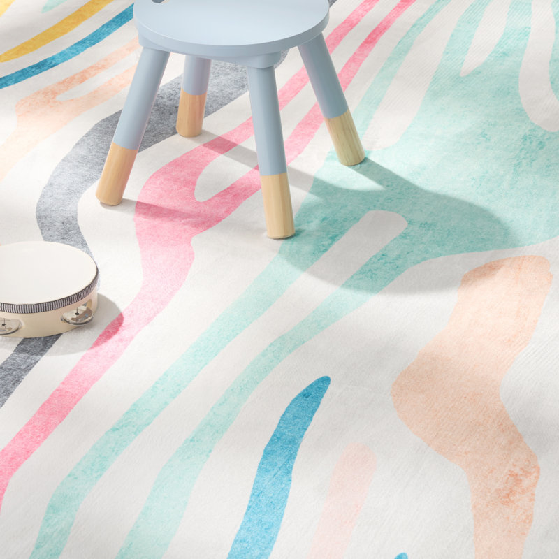 TOWN & COUNTRY PLAY Leta Zebra Stripe Kids Plush Washable Area Rug, Pink/Multi, Rectangle 5'3" x 7'6"