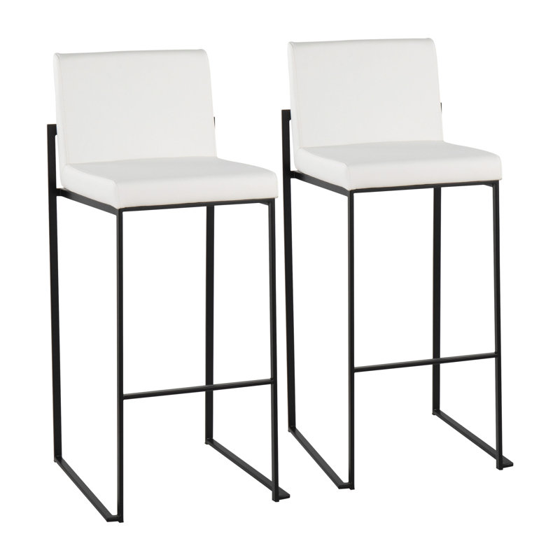 Ensemble de 2 tabourets de bar contemporains à dossier haut, structure en acier noir et siège en similicuir blanc, hauteur fixe, pour îlot de cuisine.