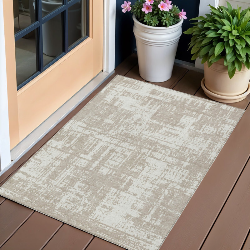 3' X 5' Taupe And Ivory Abstract Washable Indoor Outdoor Area Rug