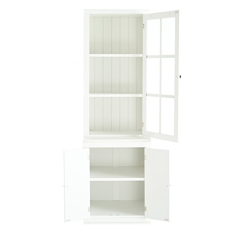 75.25'' Tall Freestanding Pantry Cabinet With Glass Door & Lattice Window, Farmhouse Display Cabinets With Storage, Hutch With Double-Action LH&RH Door, For Hallways, Livingroom Kitchen & Office,White