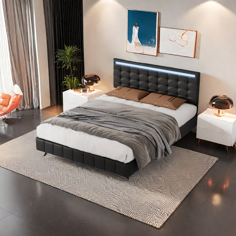 Full Size Floating Bed Frame With Led Lights And Usb Charging, Black