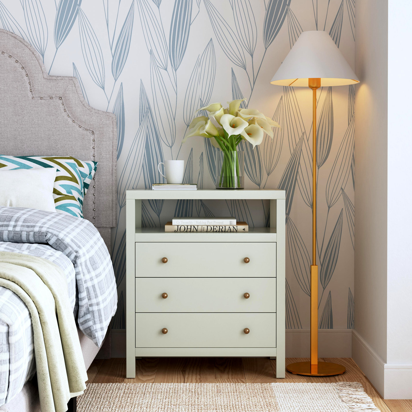 Celine 3-Drawer Acacia Nightstand, Sage Green