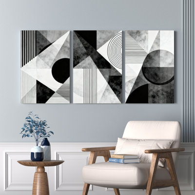 Abstract Geometric Shapes and Lines Black White Modern Art Canvas Wrapped Wall Art Set of 3