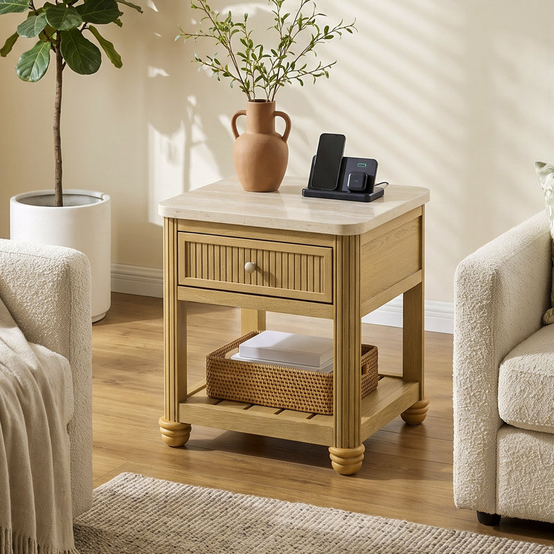 COLAMY VERSE Square Reeded End Table with Stone-Look Top and Storage