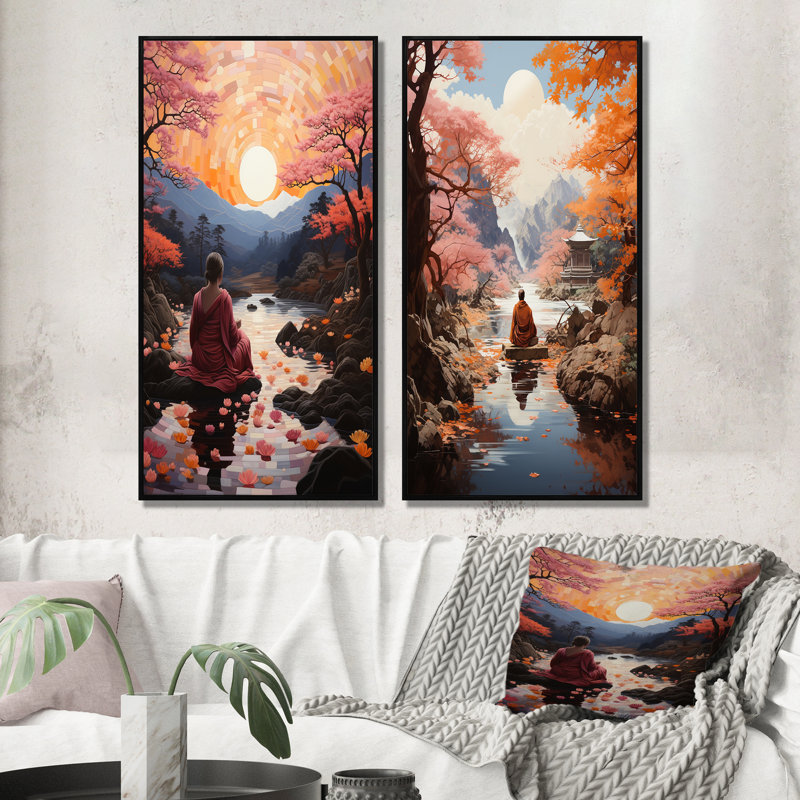 «Orange Buddhism Buddhist Serenity This», 2 pièces sur toile, Cadre noir, H 32 po x l 32 po