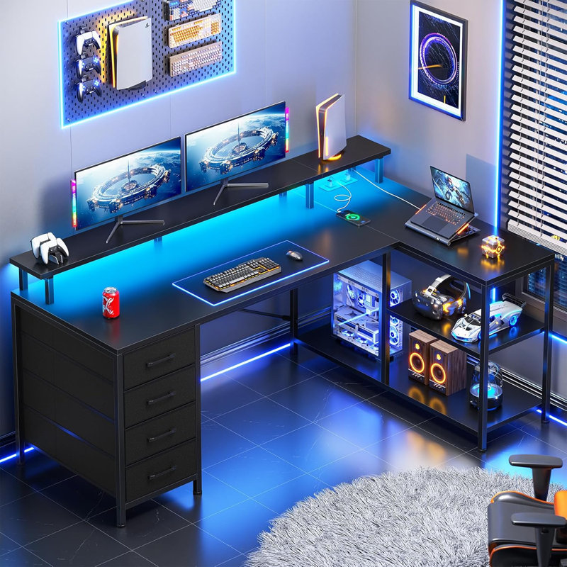 L Shaped Desk With 4 Drawers And Storage Shelves, L Shaped Gaming Desk With Led Lights & Power Outlets, Computer Desk With Shelves & Drawer, Corner Desk Home Office Desk