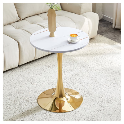 23.6" Round Tulip Dining Table with Gold Base and White MDF Top