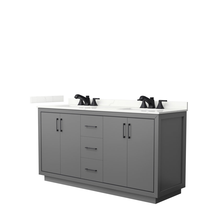 66'' Double Bathroom Vanity with Quartz Top, Dark Grey, Matte Black, Giotto Quartz