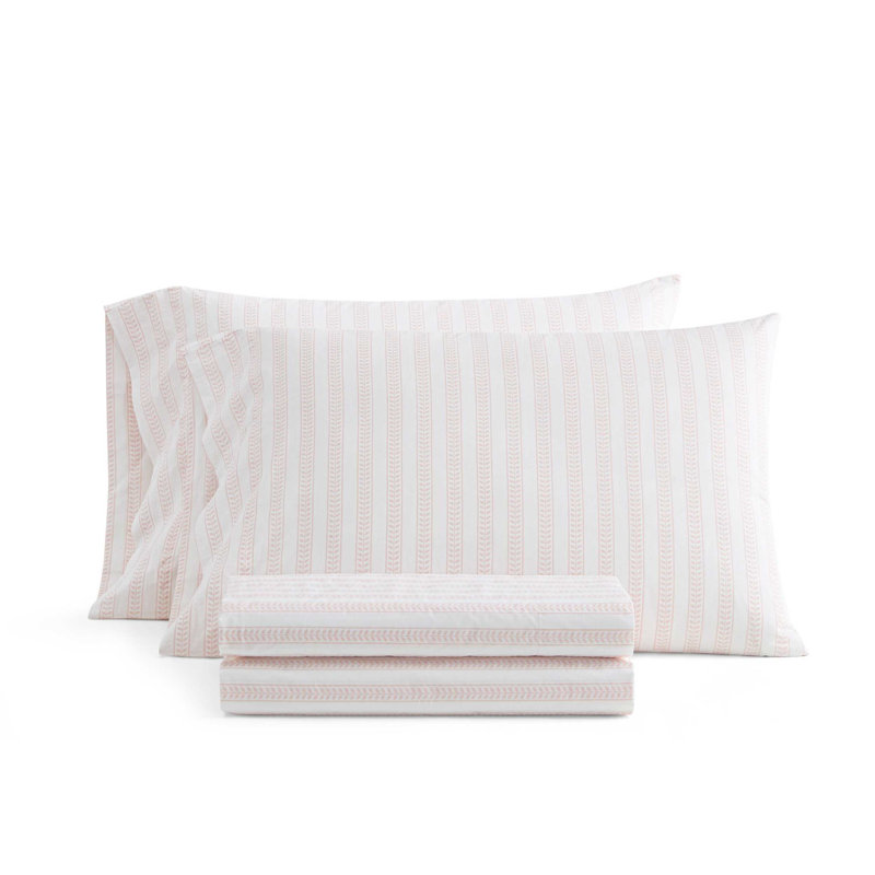 Martha Stewart Cotton Percale  Sheet Set, Full Sheet Set with 2 Pillowcases, Leaf Stripe Pink