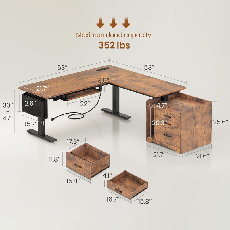 Adjustable Height L-Shaped Standing Desk with Built-In Electrical Outlet, Brown/Black