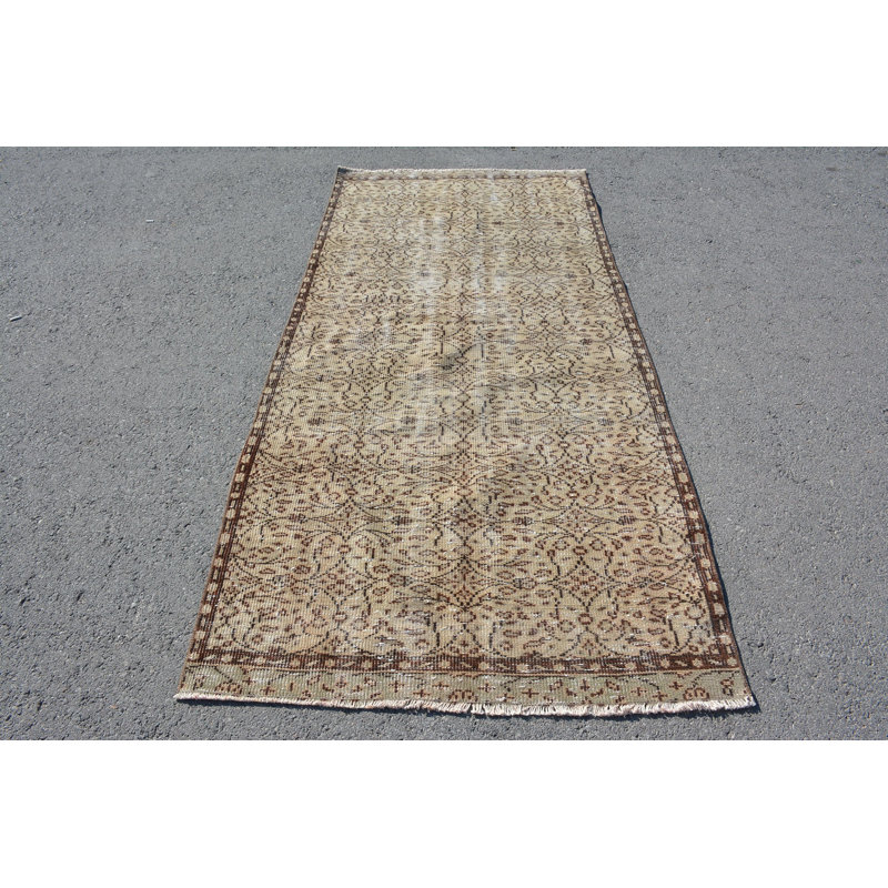 Tapis en laine beige, tapis 3,6 x 7,7 pi, tapis turcs, tapis Oushak, tapis rétro, tapis antiques