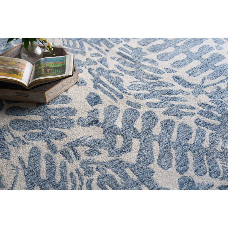 Botanica Blue/Ivory New Zealand Wool hand-tufted Area Rug, Rectangle 9' x 12', Blue/Ivory