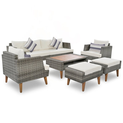 6-Piece All-Weather Wicker Sofa Set with Double Cushions and Acacia Wood Details