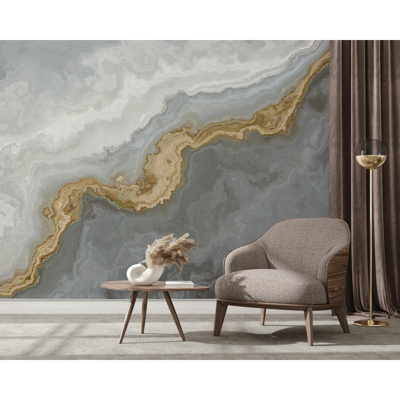 Grey Marble Gold Vein Wallpaper Abstract Stone, 75" L  x 112" W