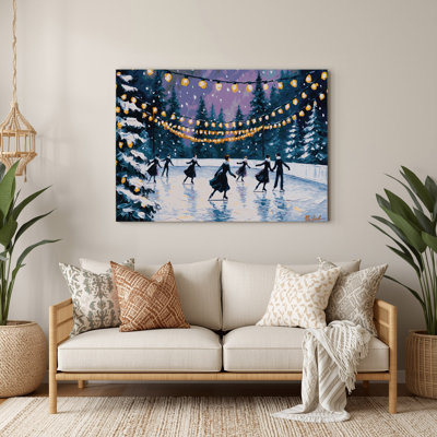 Christmas Ice skating rink with holiday lights Blue Metal Wall Art