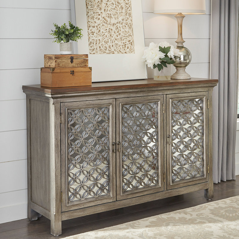 Zavier Mirrored Solid and Manufactured Wood Accent Cabinet, 36.5" H x 56" W x 17" D, Brown