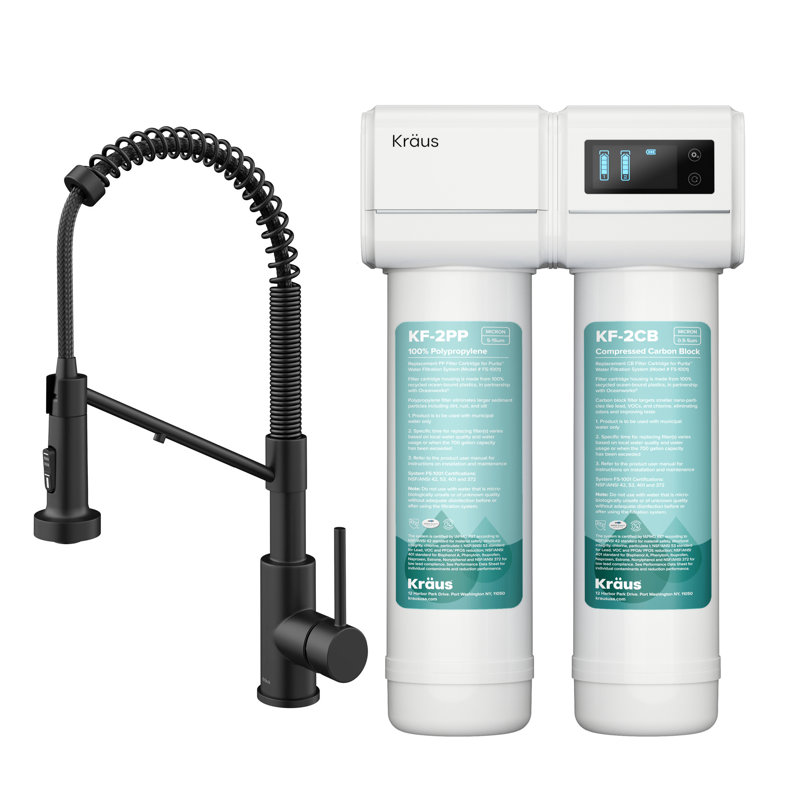KRAUS Bolden 2-In-1 Commercial Style Pull-Down Single Handle Water Filter Kitchen Faucet In Spot-Free With Purita 2-Stage Under-Sink Filtration System