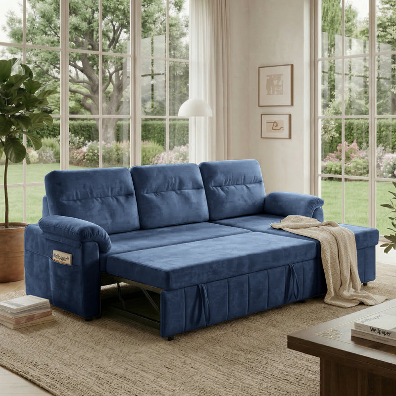 84'' Upholstered Sleeper Sofa L Shape Sofa Bed With Storage And USB, Blue