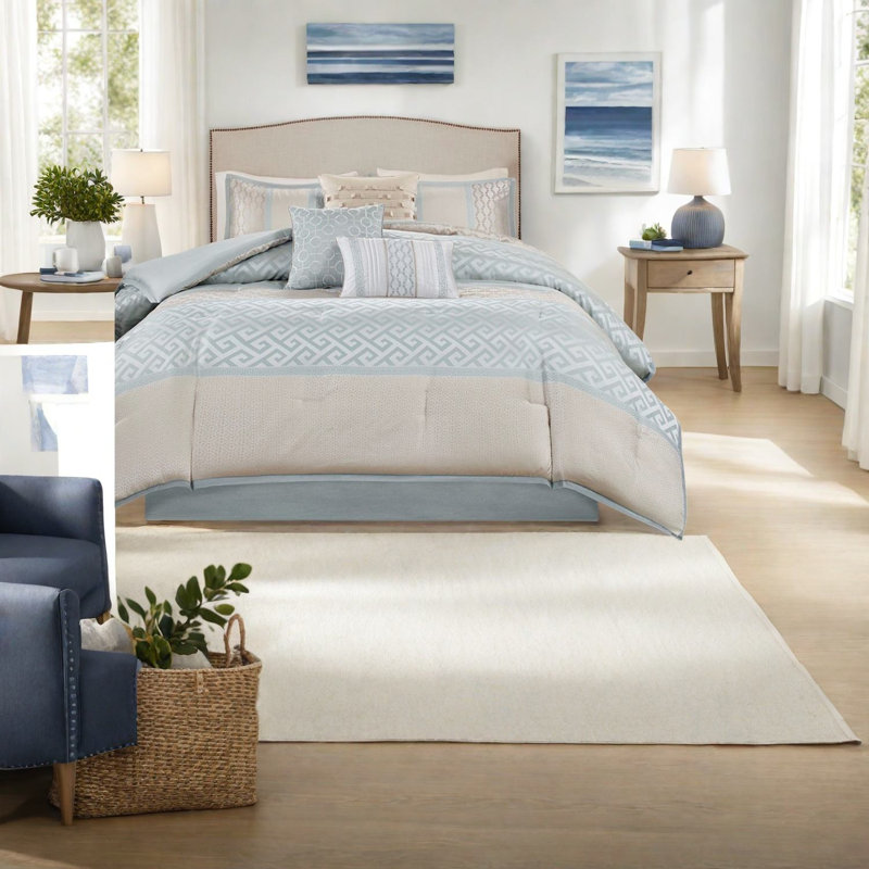 Ensemble de literie 7 pièces Elegant Aqua, jacquard de polyester, confort traditionnel pour la maison