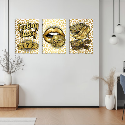 «Feeling Lucky Leopard», impression de lèvres dorées, dés et talons sur toile, ensemble de 3 reproductions de peintures à l'huile