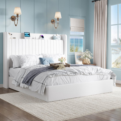 Hydraulic Lift Up Storage Upholstered Platform Bed With Shelf And Charging Station