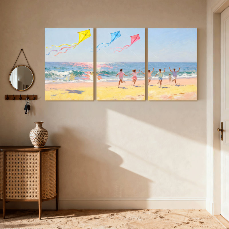 Plage, plage, cerfs-volants, enfants, ciel océan, joyeux été, ensemble de 3 impressions sur toile, H 24 po x l 48 po