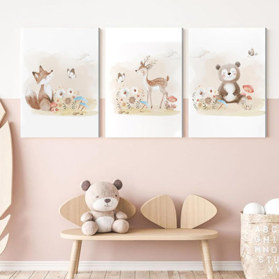 Woodland Animal Nursery, art mural, aquarelle sauvage, peintures, images, décoration murale, renard, ours, cerf, impression, impression, œuvre, pour, chambre des garçons, chambre des filles, décoration de la maison