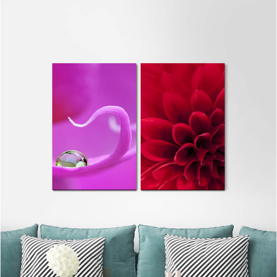 2-tlg. Leinwandbilder-Set - Grafikdruck „Orchid Red Flower Water Drops Romantic”