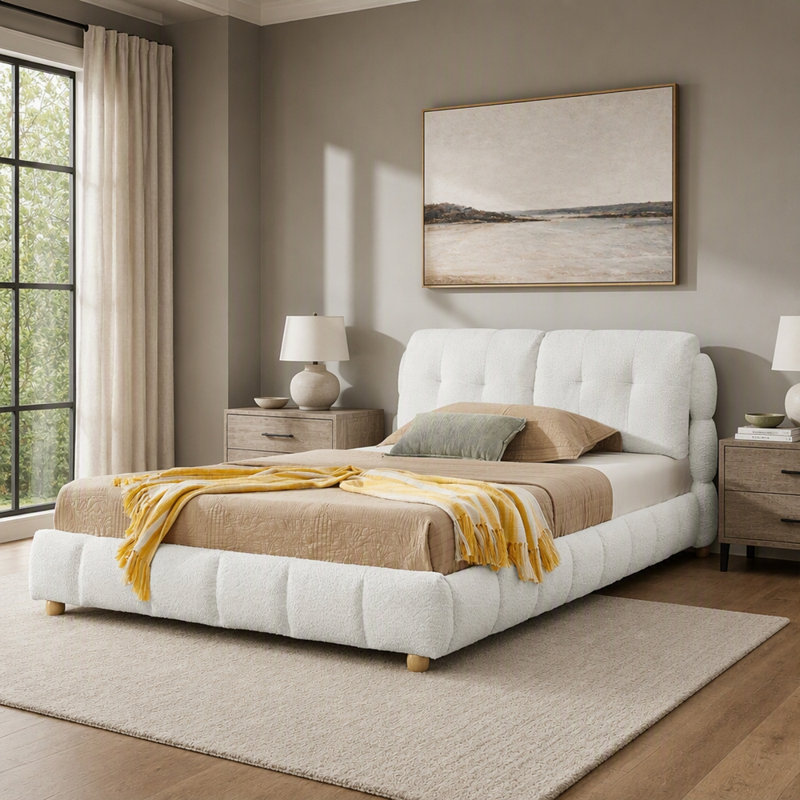 Lit plateforme tapissier Boucle, Grand lit