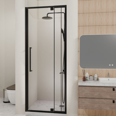 44 - 48 In. Wide Semi Pivot Hinged Glass Shower Door 72 High, 1/4"  6Mm  Tempered Glass, Matte Black, Reversible, Adjustable For Irregular American Design Bathroom Wall Spacing, Waterproof Modern