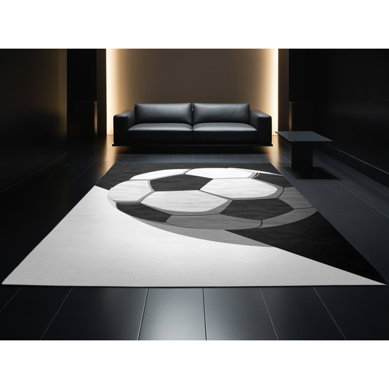 Machine Washable Medford Soccer Ball Modern & Contemporary Geometric Rug in Green – Black Binding, 2x4