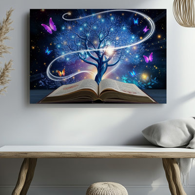 Toile, "Une scène magique vibrante" se déploie avec un grand arbre complexe avec des branches tourbillonnantes fixées contre un art mural sur toile étoilé profond
