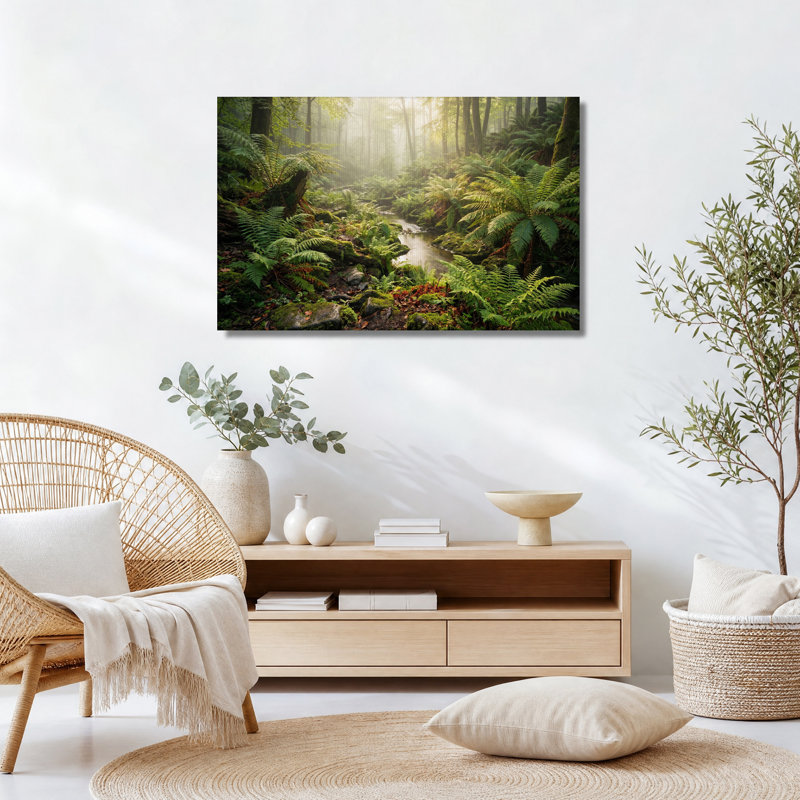 Tableau sur toile représentant un ruisseau ensoleillé entouré de fougères, H 24 po x l 36 po