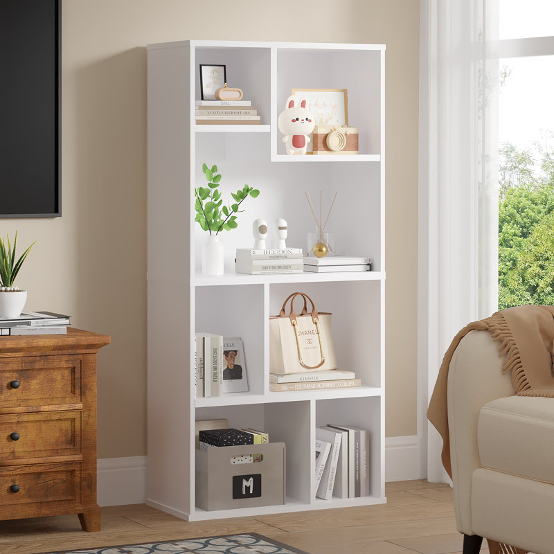 Melgarejo White Cubby Bookshelf, 42-Inch Modern 5-Tier Tall Geometric Bookcase, Freestanding Storage Organizer with Multiple Open Shelves, Floor Standing Small Space Display Storage Cabinet for Living Room, Bedroom, or Home Office