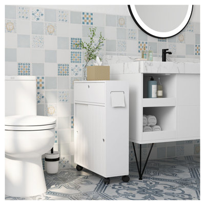 Toilet Paper Cabinet, Slim Bathroom Cabinet with 4 Rolling Wheels, Small Bathroom Storage Cabinet