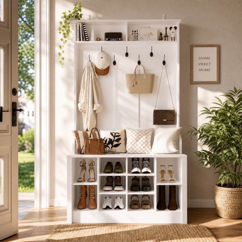 Keasal Hall Tree 39.4'' Wide with Bench and Shoe Storage, White